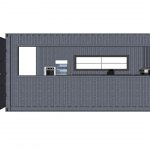 Progetto di container bar con ampia apertura di servizio – Modulo prefabbricato con finestra di servizio e attrezzature per la ristorazione, ideale per eventi e attività commerciali.