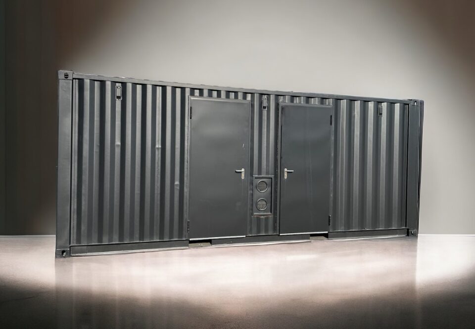 Container bagno di lusso dal design elegante e minimalista, con doppia porta d'accesso e finiture di alta qualità, ideale per eventi esclusivi e location premium.