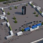 Rendering panoramico dell’allestimento dell’area Your Urban Mobility a EICMA 2025, con decine di container disposti lungo il perimetro e percorso test drive centrale.