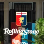 Container Showbox brandizzato Rolling Stone e Genoa al Festival di Sanremo, dettaglio corner espositivo vetrato